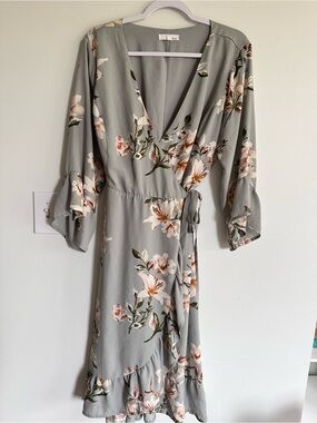 June & Hudson Cottagecore Floral Wrap Midi Dress in Sage with Tie Waist